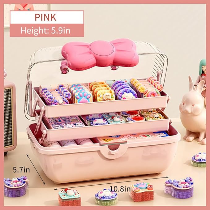 3-Layer Kids Hair Accessories Organizer with Bowknot Lock Cute Jewelry Box Headband Hair Tie Clip Organizer Box for Little Girls - Pink