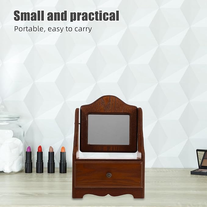 INOOMP Vintage Wooden Makeup Mirror with Drawer, Brown Wood Vanity Organizer for Bedroom Dressing Table, Countertop Cosmetic Storage for Women’s Desktop Vanity