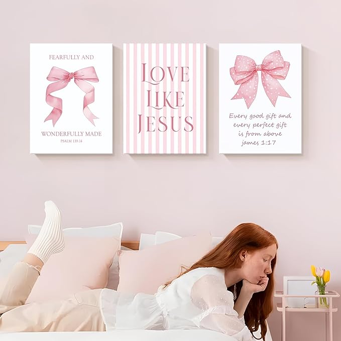Dytila 3 Piece Pink Bows Wall Art for Girls Room, Bible Verse Pictures Bathroom Decor, Coquette Wall Artwork, Cute Teen Room Decoration, Dorm Decor for College, College Gifts for Girls 12x16 Inch
