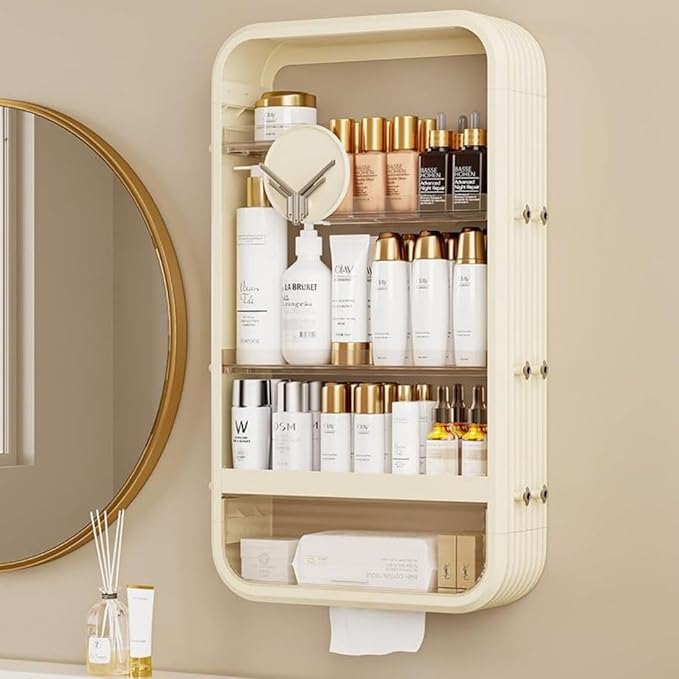 Wall Storage Rack with Open Storage, Floating Cosmetics Rack with Large Capacity Wall Mounted Storage Shelf with Tissue Hole 4 Tiers Makeup Organizer with Hooks Beige for Bathroom