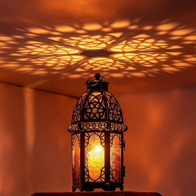 DECORKEY Vintage Large Size Decorative Ramadan Candle Lantern, 12.8’’ Metal Hanging&Tabletop Moroccan Lantern Candle Holder Decor, Halloween Christmas Decorations for Home Indoor Outdoor Patio (Amber)