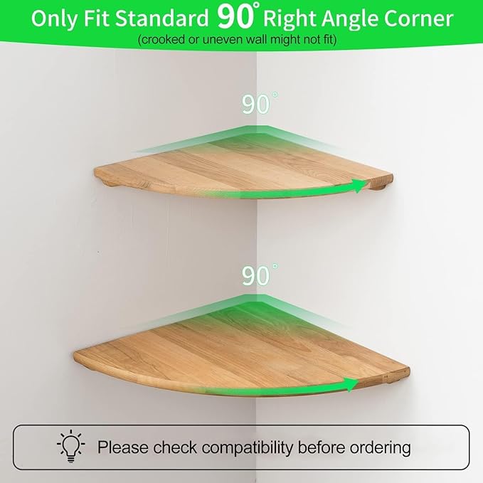 Corner Shelves, Floating Corner Shelf, Set of 2 16inch Solid Oak Wood Wall Shelves, Round End Wall Mount Display Shelf with Wire Hole for Bedroom Kitchen, Living Room (Oak, 16in 2P)