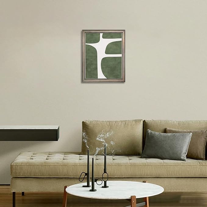 Vintage Framed Green and White Abstract Wall Art Mid Century Minimalist Contemporary Painting for Room Decor