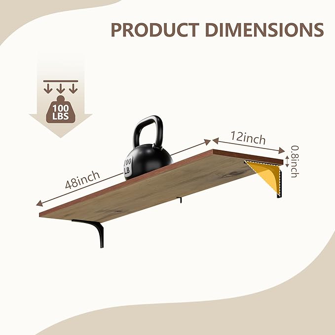 12 Inch Deep Floating Shelves Set of 2, 48 Inch Extra Wide Solid Pine Wood Wall Shelves, 100 lbs Heavy Duty Farmhouse Wall Mount Bookshelf for Living Room, Kitchen & Bedroom, Brown