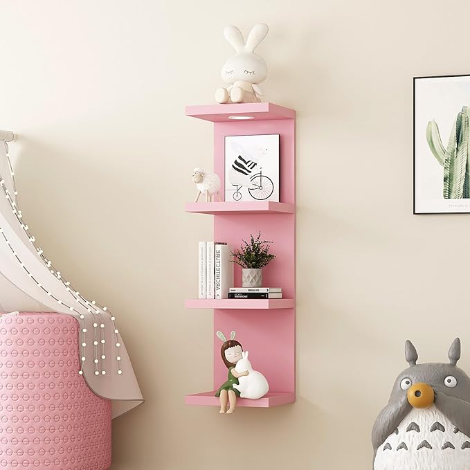 LitaEther Versatile 4 Tier Wall Shelf Unit,Pink Lack Wall Shelf,Display Floating Shelf with LED Remote Control Light