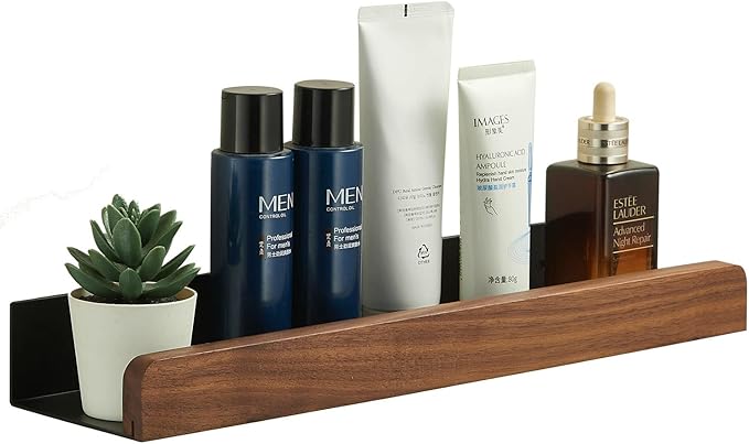 Small Bathroom Shelf Wall Mounted Organizer, Rustic Farmhouse Walnut Solid Wood Floating Corner Shelf with Border for Kitchen Bedroom Laundry Room