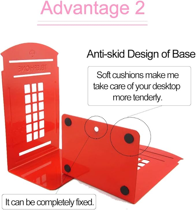 MerryNine 2pcs Book Ends, Metal Bookends for Shelves, Telephone Booth Decorative Bookends, Non Skid Heavy Bookends, Book, Magazine or CD Organizers for Home and Office (Red-2pcs)
