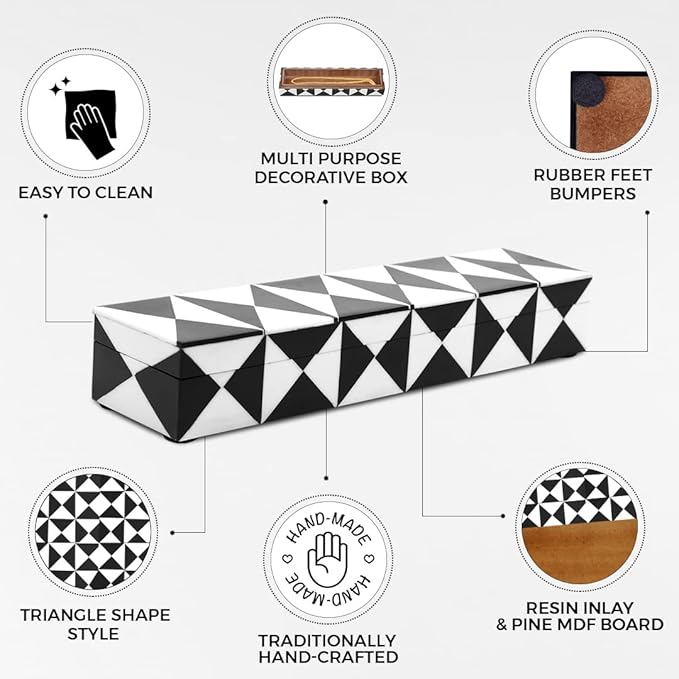 Handicrafts Home Decorative Storage Box with Lid, Black and White Decorative Remote Control Box, Slim Coffee Table Storage Box, Decorative Box for Shelf, Desk & Living Room Decor, 10 x 2.5 x 1.5