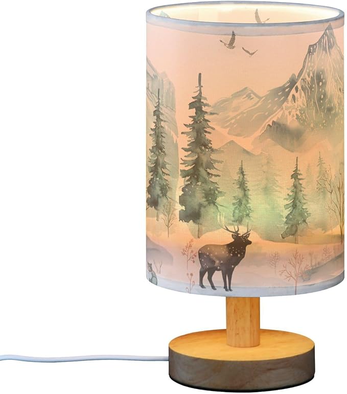 Table Lamp Watercolor Winter Forest Tree Animal Mountain Bear Deer Owl Nightstand Lamp with Wood Base Fabric Lamp Shade Bedside Desk Lamp for Living Room Bedroom Kids Room Office