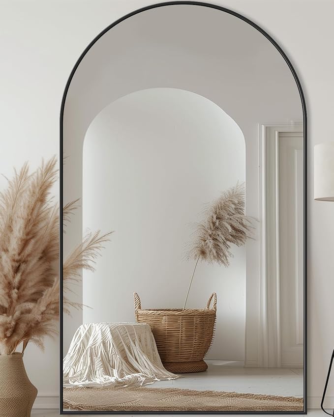 Antok 76" x44” Arched Full Length Floor Mirror, Black Aluminum Frame, Free Standing/Wall Mount/Leaning for Bedroom, Living Room, Dressing Room