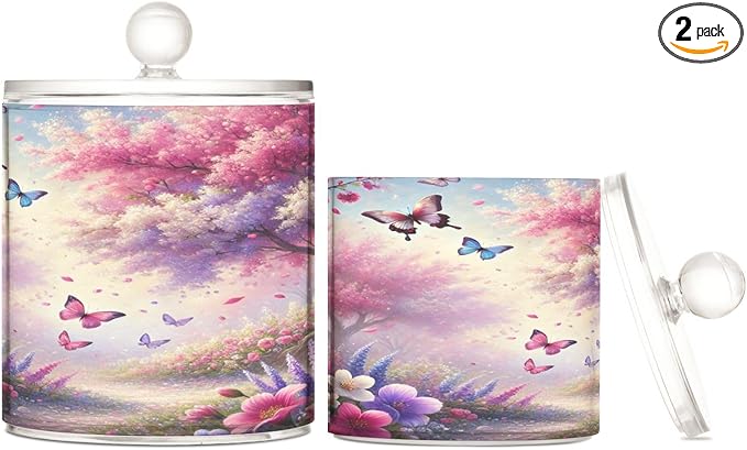 Purple Tree Butterflies Jars with Lids Bathroom Canisters Decorative Jars Laundry Container Floss Pick Holder for Home Decor Makeup Storage Countertop Organizer
