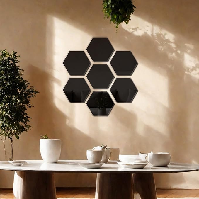 Black Hexagon Mirror Centerpieces for Tables, 10’’ Acrylic Peel and Stick Mirror Backsplash Acrylic Hexagon Centerpiece Plates for Wedding, Birthday Party, Christmas, Wall Decor 12 PCS