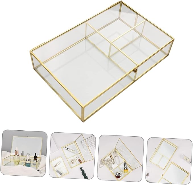 Didiseaon Jewelry Dish Makeup Organizer Box Jewelry Cases Geometric Glass Design Desk Accessory Tidy and Organized
