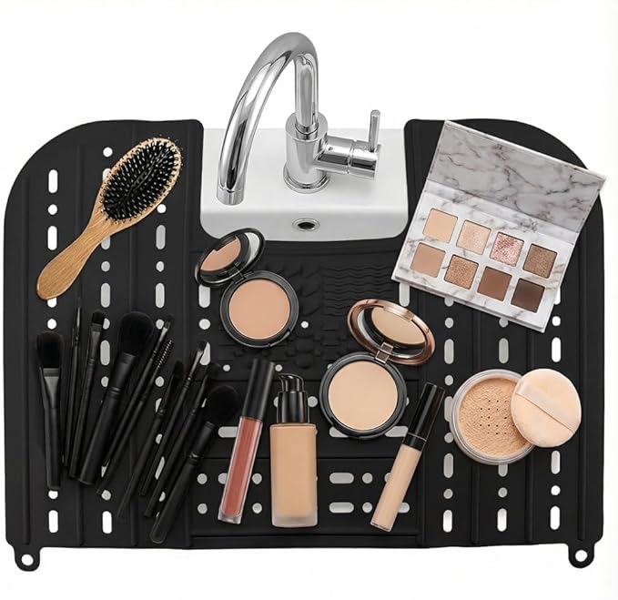 Sink Foldable Cover, Bathroom Sink Top Cover Space Saver, Silicone Makeup Organizer Mat for Over Countertop Bathroom Accessories (Black)