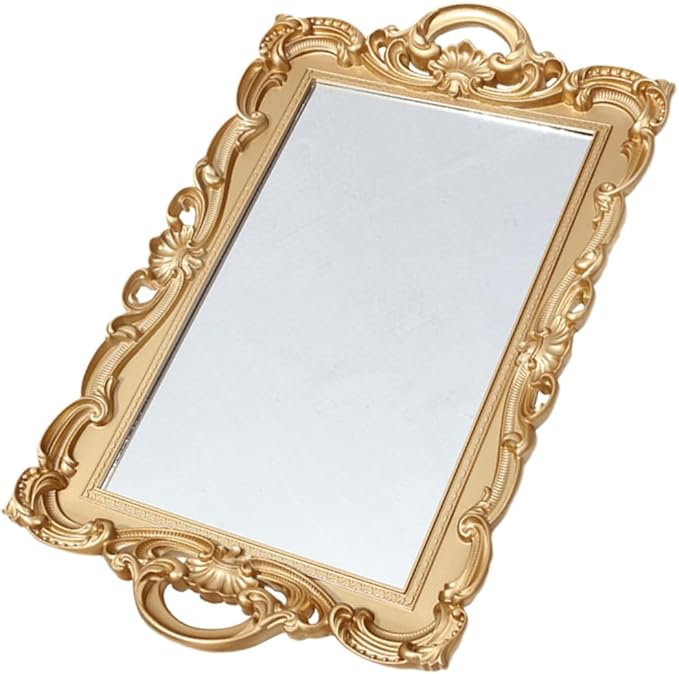 Vintage Mirror Tray and Perfume Vanity Tray for Dresser Tops, Decorative Makeup Organizer Plate with Antique Silver Finish, for Home Décor and Jewelry Display