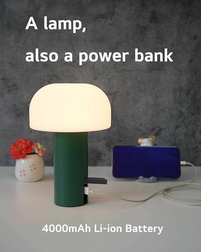 Outdoor Mushroom Table Lamp Rechargeable, Cordless Lamps for Patio Waterproof, Portable Battery Operated Lamp with USB Charging, Touch Dimming Night Light for Home/Porch/Restaurant (Green)