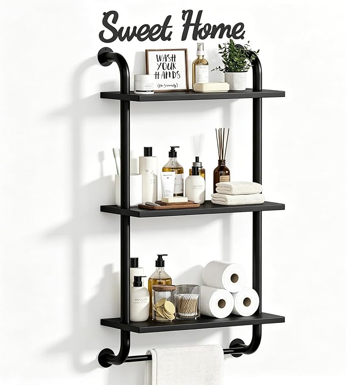 Tinpin Bathroom Shelves Wall Mounted, Rustic Farmhouse Pipe Shelves, Walls Shelf 3-Tier, Industrial Pipe Shelving, Floating Shelf Wall Decor for Bathroom, Kitchen, Bedroom, Living Room 17.3in Black