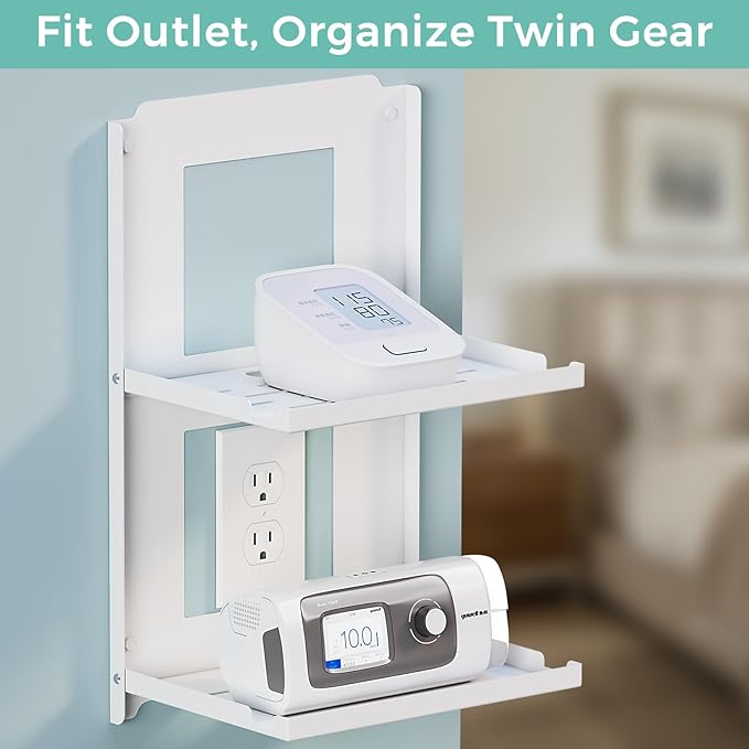 2-Tier Router Shelf Wall Mount Foldable - 10 inch Metal Outlet Shelf w/Cable Holes | Dual-Layer Organize & Connect for Router and Modem & Smart Home Decor | Folds Up & Stackable (Medium)