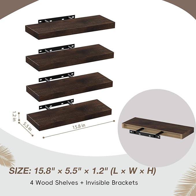 Lufia Floating Wall Shelves, Set of 4, MDF with Invisible Brackets, Modern Storage for Bedroom, Bathroom, Living Room, Kitchen (Rustic Brown, 15.8" W x 5.5" D x 1.2" H)