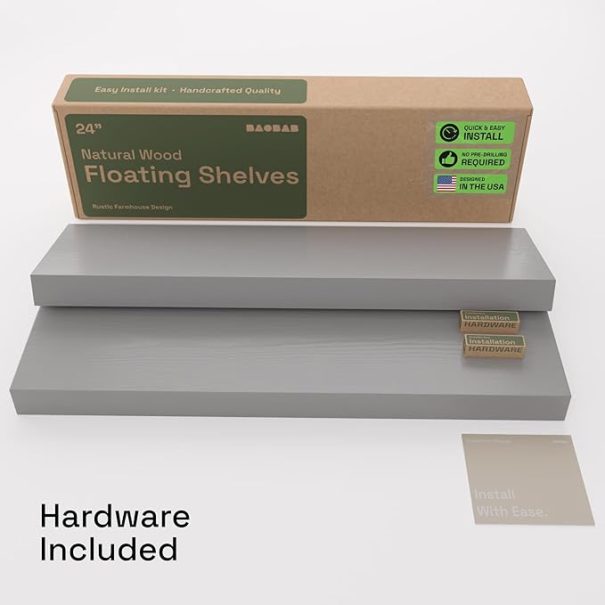 BAOBAB WORKSHOP Wood Floating Shelves for Wall - Rustic Shelf 24 inch - Grey Bathroom Shelves - Solid Wood Shelves for Wall for Bedroom Kitchen Living Room - Gray Finish - 24 x 6.7 Inch, Set of 2
