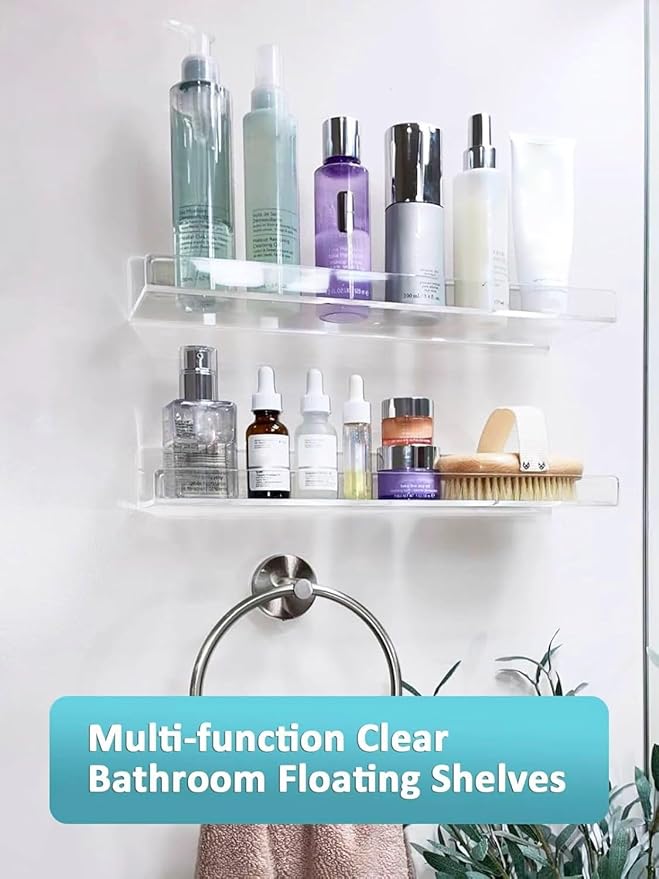 Albumgit 6 Pack Acrylic Shelves for Wall Storage, Self-Adhesive 15" Clear Floating Shelf for Figures, Photo, Makeup, Book, Wall Mounted Shelves for Bathroom, Living Room, Bedroom, Kitchen