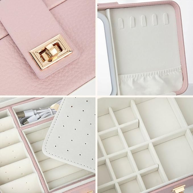 BYFDIY Custom 3-Layer Travel Jewelry Case Personalized Name Birth Flower Jewelry Organizer and Storage With 3 Colors LED Makeup Mirror Mother Jewelrys Box Gifts For Women Nana Size 9.25×6.3×3.54 INCH