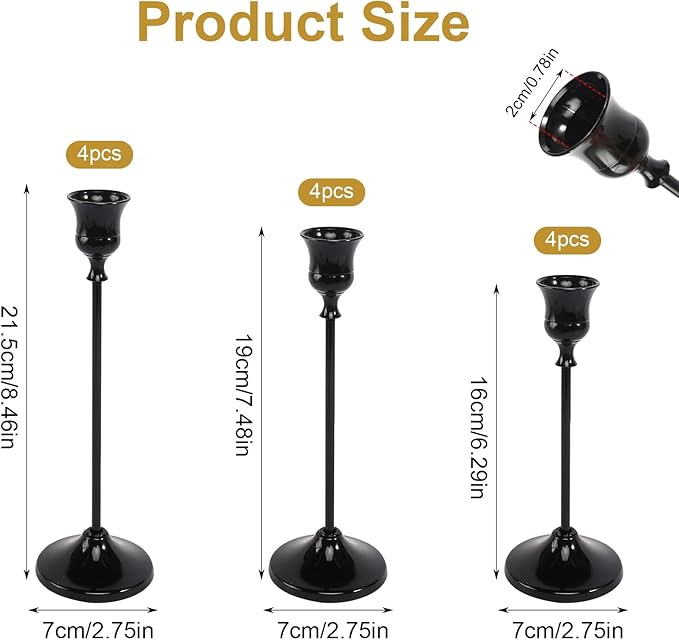 12pcs Black Candle Holder, Black Candlestick Holders Taper Candle Holders for Pillar Candles Sticks Holder Decor Halloween Christmas Decorations Candle Stick Holder Candelabros para Centros de Mesa