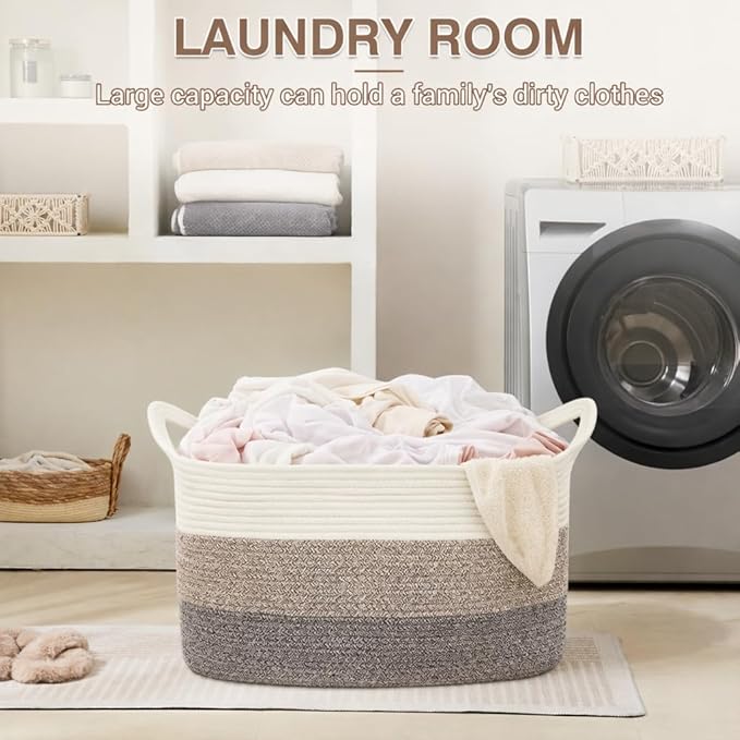 YOUDENOVA Nursery Storage Basket，21.6''×14.9''×11.8'' Rectangle Cotton Rope Blanket Basket, Nursery Laundry Hamper for Organizing，Toy Basket for Living Room, Bedroom