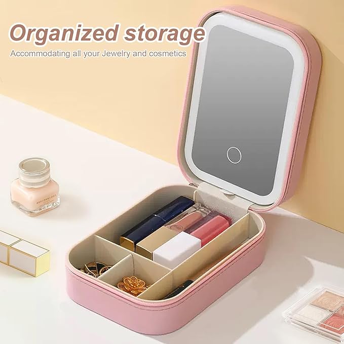 Portable LED Makeup Bag with Adjustable Light-Up Mirror - Three-Color Lighting | Dust-Proof Cosmetic Case with Multi-Compartment Storage and Jewelry Organizer (Pink)