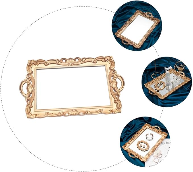 LIFKOME Vintage Gold Rectangular Mirror Tray Decorative Makeup Organizer Cosmetic Storage Plate for Vanity Room Decor and Jewelry Display