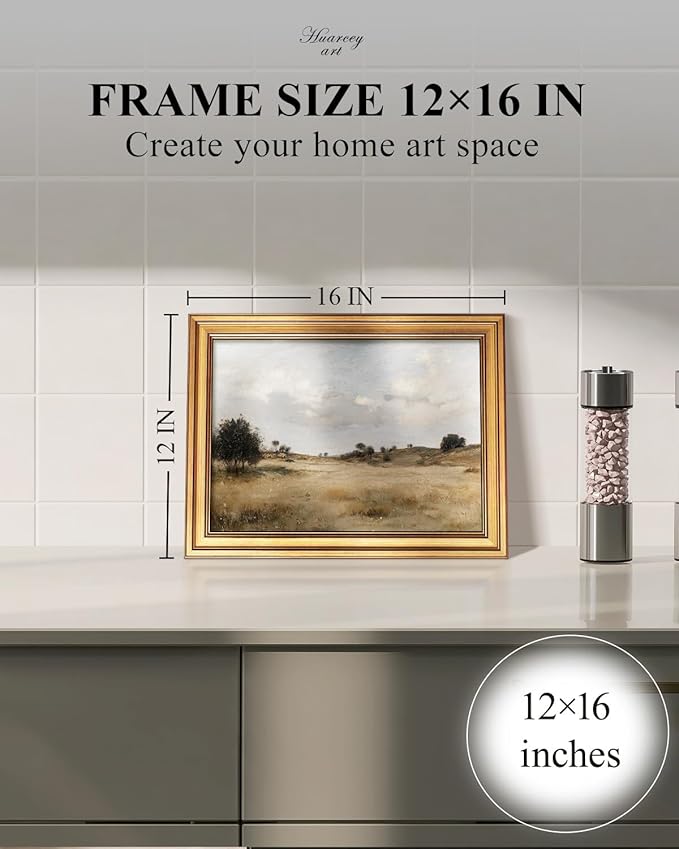 HUARCEY Framed Canvas Wall Art Vintage Decor, Mountains and Fields Picture Decor, Rustic Vintage Neutral Canvas Paintings Retro Table Desk Pictures for Bedroom Living Room, 12x16Inch