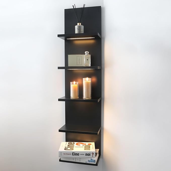 5 Tier Wall Shelf Unit, Black Shelves,Lack Shelf, Wall Shelves for Bedroom，Office,Bathroom, Vanity Shelves with LED Remote Control Light
