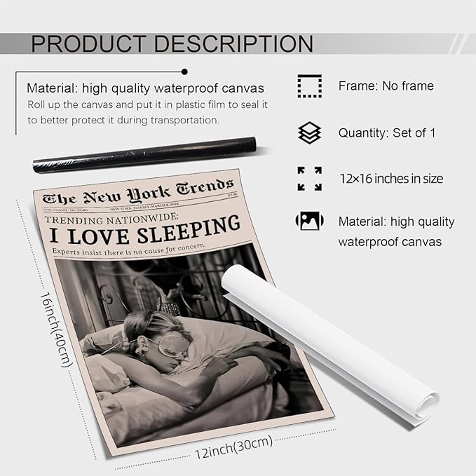 VERENIX Retro Black and White Feminist Wall Art Newspaper Aesthetic Canvas Posters Vintage Funky Girl Sleeping Prints for Girly Dorm Bedroom Wall Decor 12x16 inch Unframed