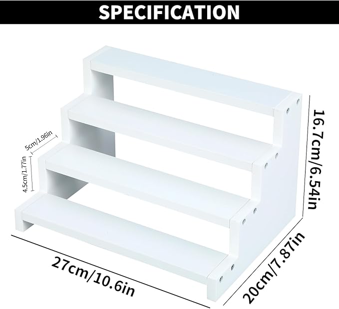 4 Tier White Wooden Display Stand Step Shelf Organizer for Perfume Skincare Desserts Cupcakes and Cosmetics Rustic Tiered Riser for Vanity Countertop Parties