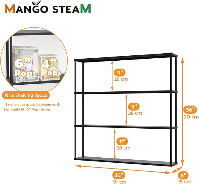 Mango Steam Wall-Mounted Steel Floating Shelving Unit for Kitchen, Storage or Display Use -36 H x 36 W x 6 D Inches- Black -