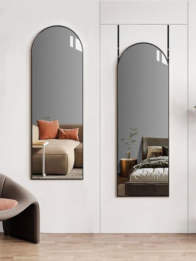 DMWOODFL Over The Door Full Length Arched Mirror - 14"x48", Tempered Glass & Aluminum Frame, No Drill Installation for Bedroom, Bathroom, Closet, Entryway (Black)