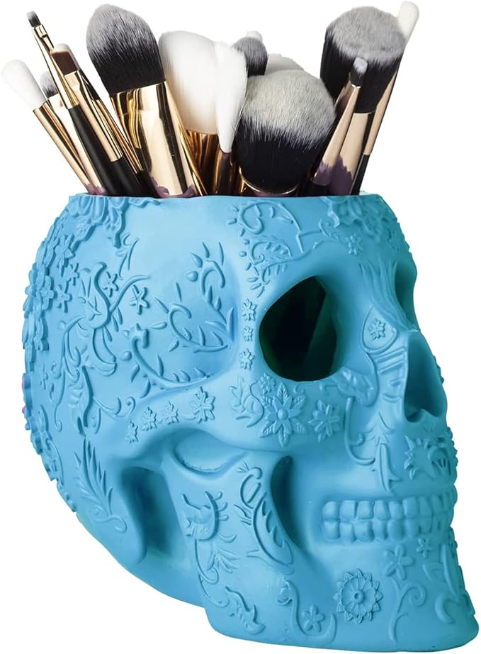 Skull Makeup Brush Holder, Pen Holder, Vanity, Desk, Office Organizer, Stationary, Decor Planter, Candy Bowl, Goth Decorations, Extra Large, Skulls Gothic Skull & Bones Organizer Bathroom (Blue)