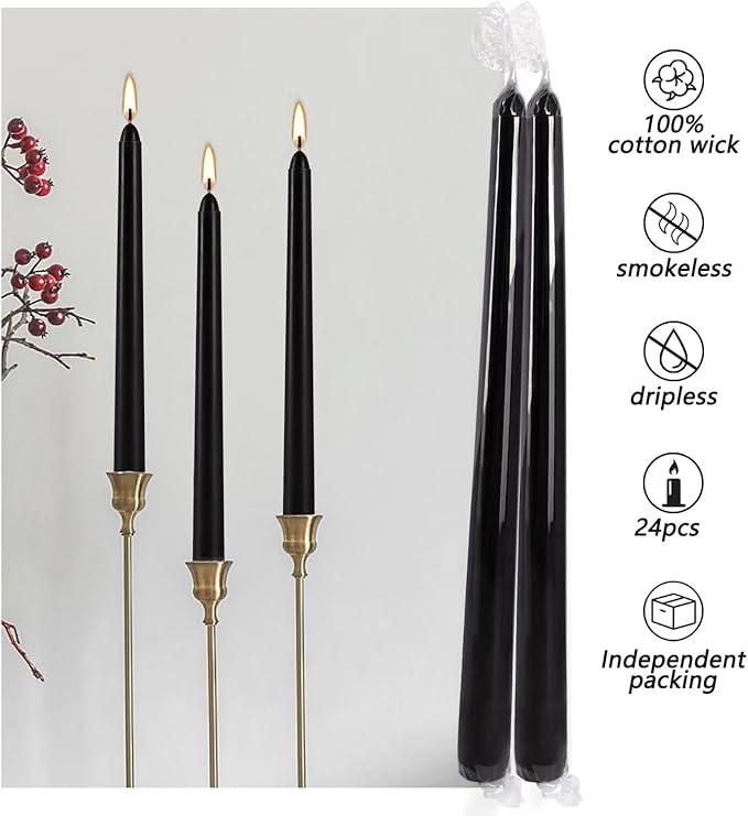 YOROXRG 24 Pack Black Taper Candles, 7-8 Hours Burn Time, Unscented, Smokeless and Dripless, 0.75 x 10 Inch Dinner Candle Set for Halloween, Household, Wedding, Party and Home Décor Candlesticks