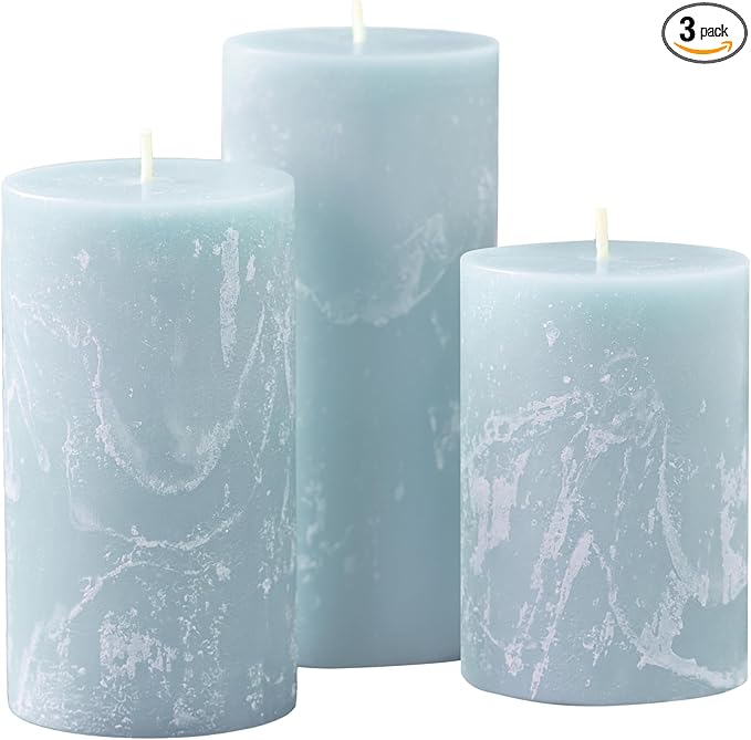 Blue Scented Pillar Candles Set of 3, 3x4, 3x5, 3x6 Light Blue Candles, Sea Salt and Driftwood Pilar Scented Candle, Ideal as Wedding, Parties, Spa, Dinner, Home Decor, Church