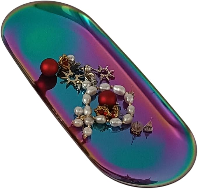 Stainless Steel Decorative Storage Organizer Plate，Dish Plate Tea Tray Fruit Trays for Jewelry, Fruit, Food, Makeup Cosmetic, Towel, Perfume, Candle Trimmer, Multi-Color, Oval, 9.06" x 3.7"