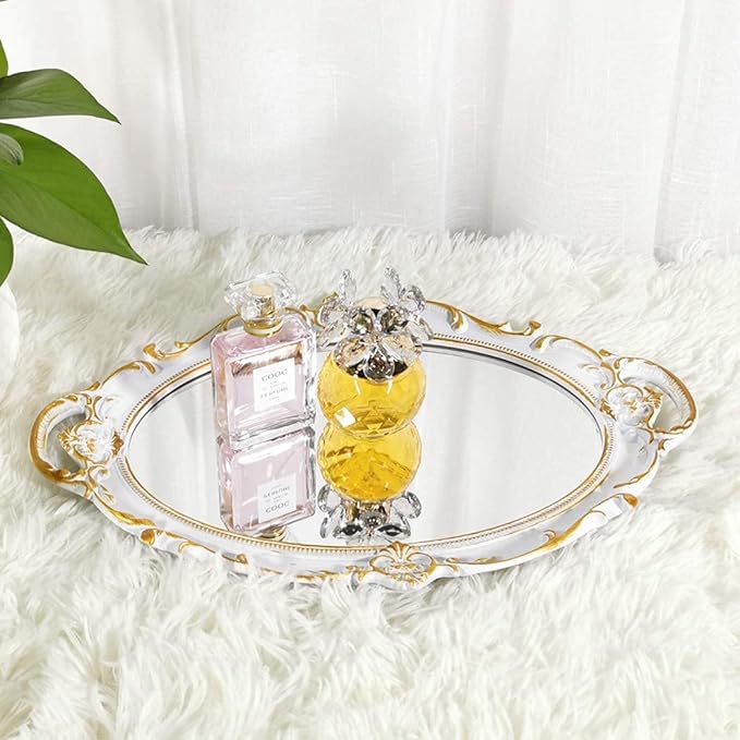 Oval Decorative Mirror Tray, French Style, Makeup Organizer, Jewelry Organizer, Serving Tray, 9.8"x 14.6", Golden White