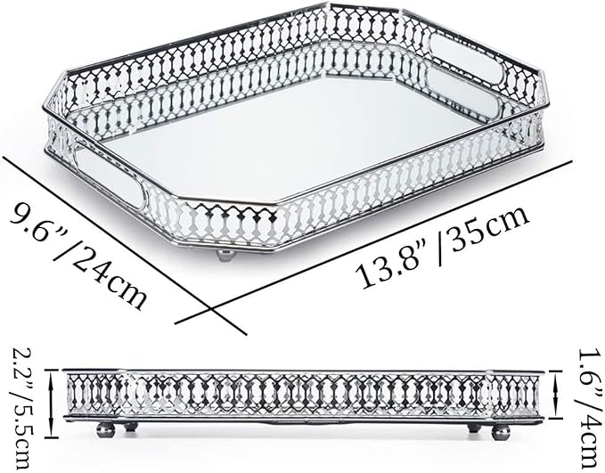 Perfume Vanity Mirror Tray - Durable Decorative Organizer for Dresser, Bedroom, Bathroom Countertops - Spacious 13.8x9.6x2.2 Inches, Scratch-Resistant - Silver