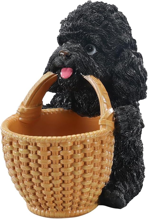 Dog Resin Storage Basket, Desktop Organizer for Remote & Keys, Cute Home Decor Tray, Ideal present for Pet Lovers.(Black Poodle Biting Basket)