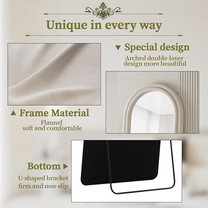 Koonmi 71"x32" Arched Mirror Full Length, Full Body Freely Standing Mirror, Flannel Floor Mirror with Stand for Bedroom, Living Room, Hanging or Against The Wall, White