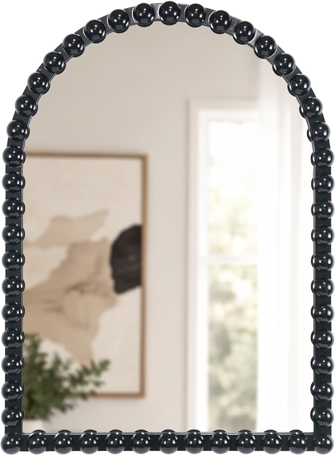 Black Beaded Arched Wall Mirror 22x30 Inch, Vintage Decorative Arch Mirror with Beaded Frame, Accent Mirror for Entryway, Bathroom, Living Room, Bedroom, Fireplace