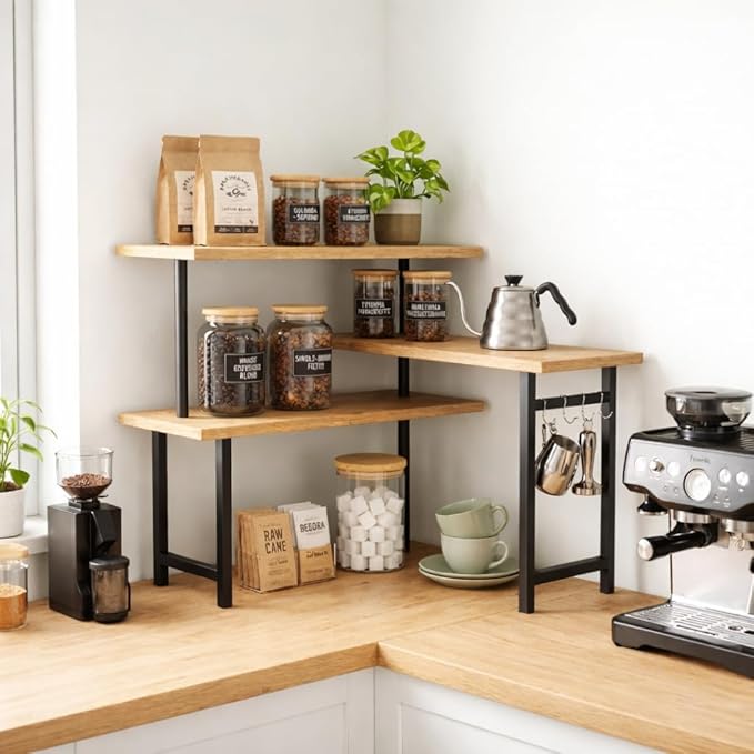 3-Tier Bamboo Corner Countertop Organizer with Extended Top Tier, Corner Shelf for Kitchen Counter, Coffee Bar Organizer, Bathroom Counter Organizer, Kitchen Corner Shelf, Space Saver