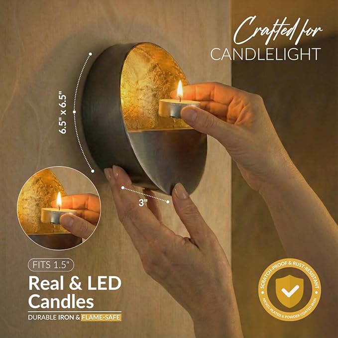 NativeSkins Eclipse Wall Candle Sconces Set of 2 – 6.5" Round Metal Tea Light Holders (3" Depth) with Gold Leaf Interior – Antique Nickel Decorative Accent for Bedroom, Hallway, Bathroom