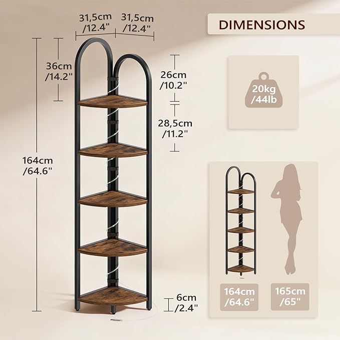 MAHANCRIS 5-Tier Corner Shelf with LED Light, 64.6'' Arched Corner Bookshelf, Narrow Storage Shelf with Metal Frame, for Living Room, Bedroom, Small Spaces, Rustic Brown and Black CSHR55101
