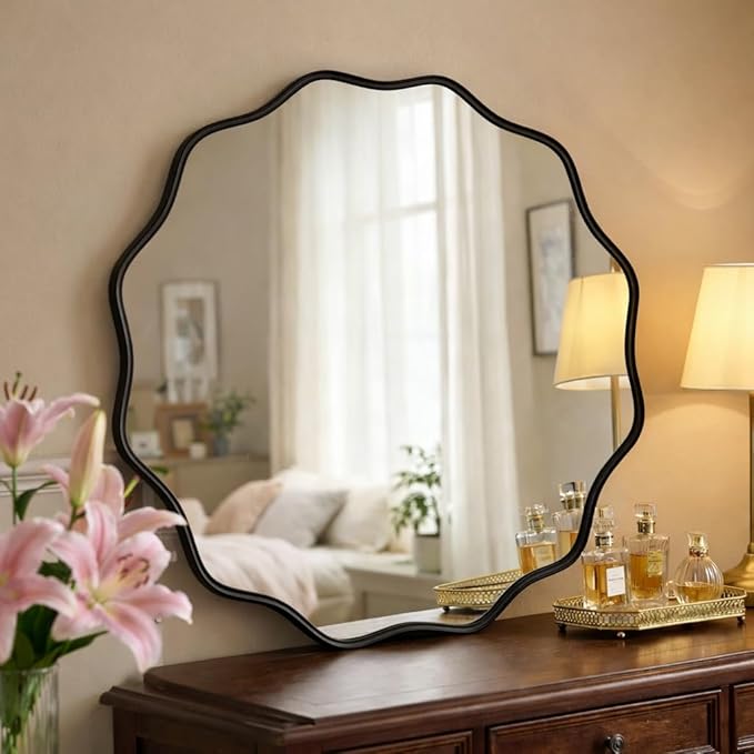 30 Inch Scalloped Round Wall Mirror, Black Wavy Edge Frame Circle Mirror for Bathroom, Bedroom, Entryway, Living Room for Wall Decor