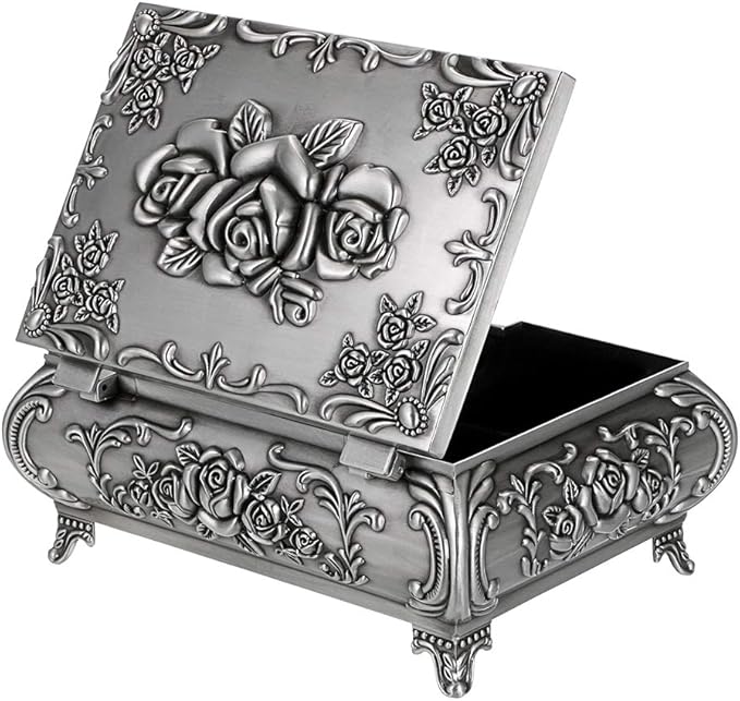 Hipiwe Vintage Metal Jewelry Box Small Trinket Jewelry Storage box For Rings Earrings Necklace Treasure Chest Organizer Antique jewelry Keepsake gift Box Case for Women (Large)